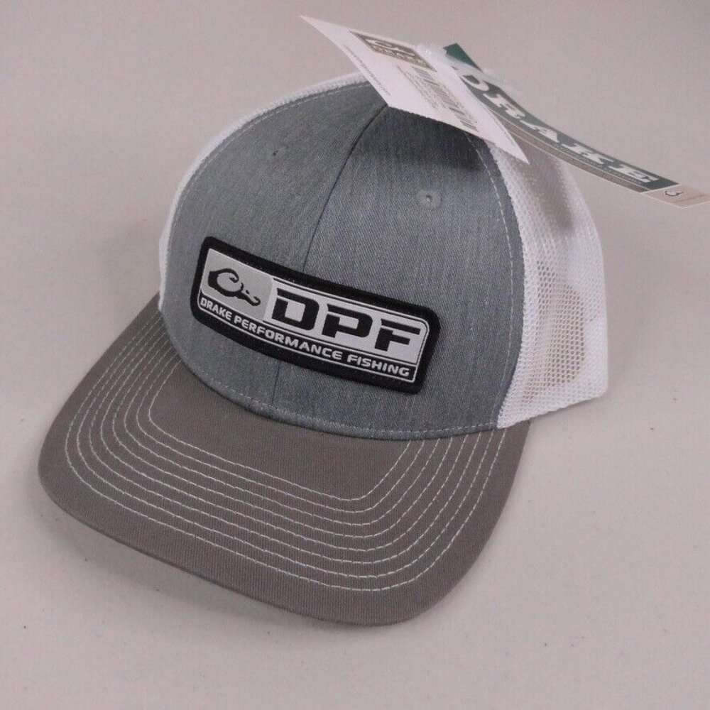 Drake DPF Performance Fishing Hat Grey White Mesh Back Snapback Trucker Cap NWT